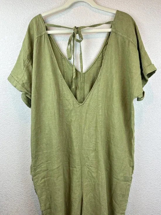 Free People Green Linen Blend Jumpsuit XL Baggy Cargo Pockets Relaxed Lagenlook - Picture 9 of 10